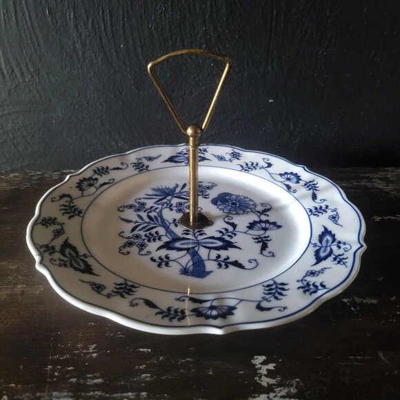 Blue Danube Porcelain Dessert Stand /Tidbit Tray Floral Pattern & Brass Handle - Picture 1 of 6